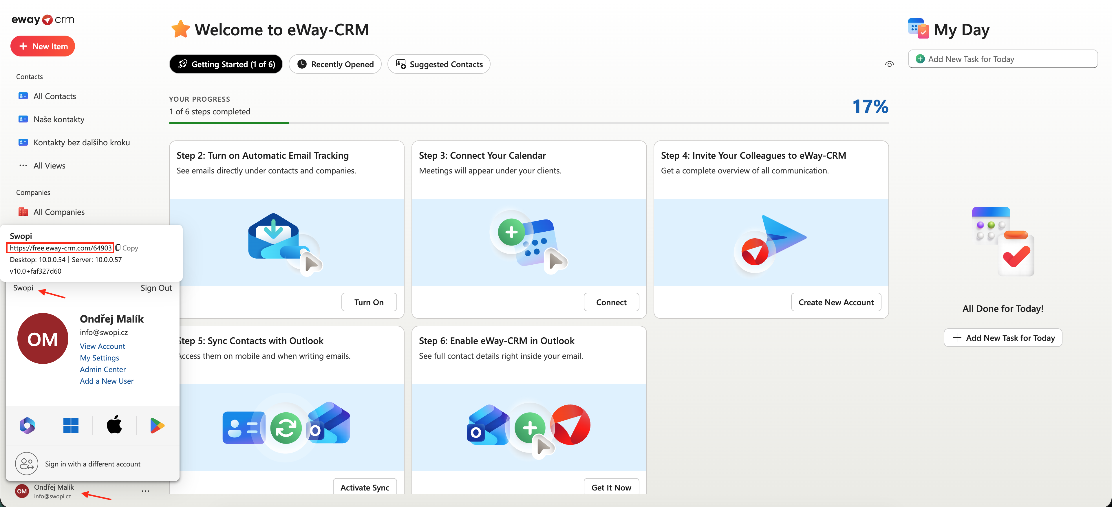 Where to find the Web Service address in eWay-CRM — click your name in the bottom-left and the address is at the top of the account panel, next to the Copy button.