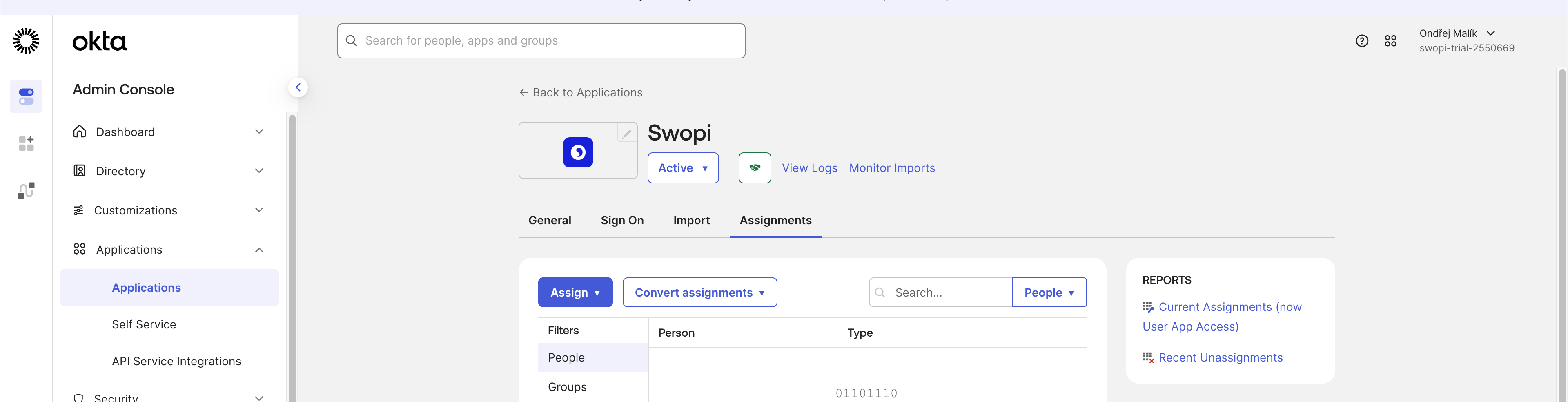 The Swopi app in Okta — the Assignments tab with assigned users and groups.