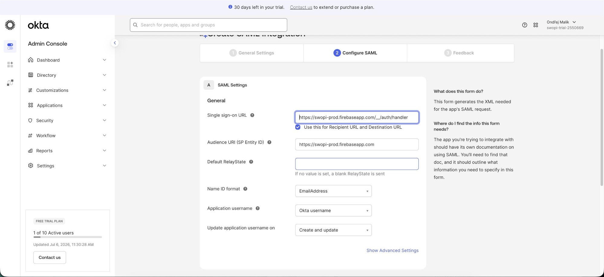 The Configure SAML form in Okta filled in with Swopi values — Single sign-on URL, Audience URI, Name ID format EmailAddress, Application username Okta username.