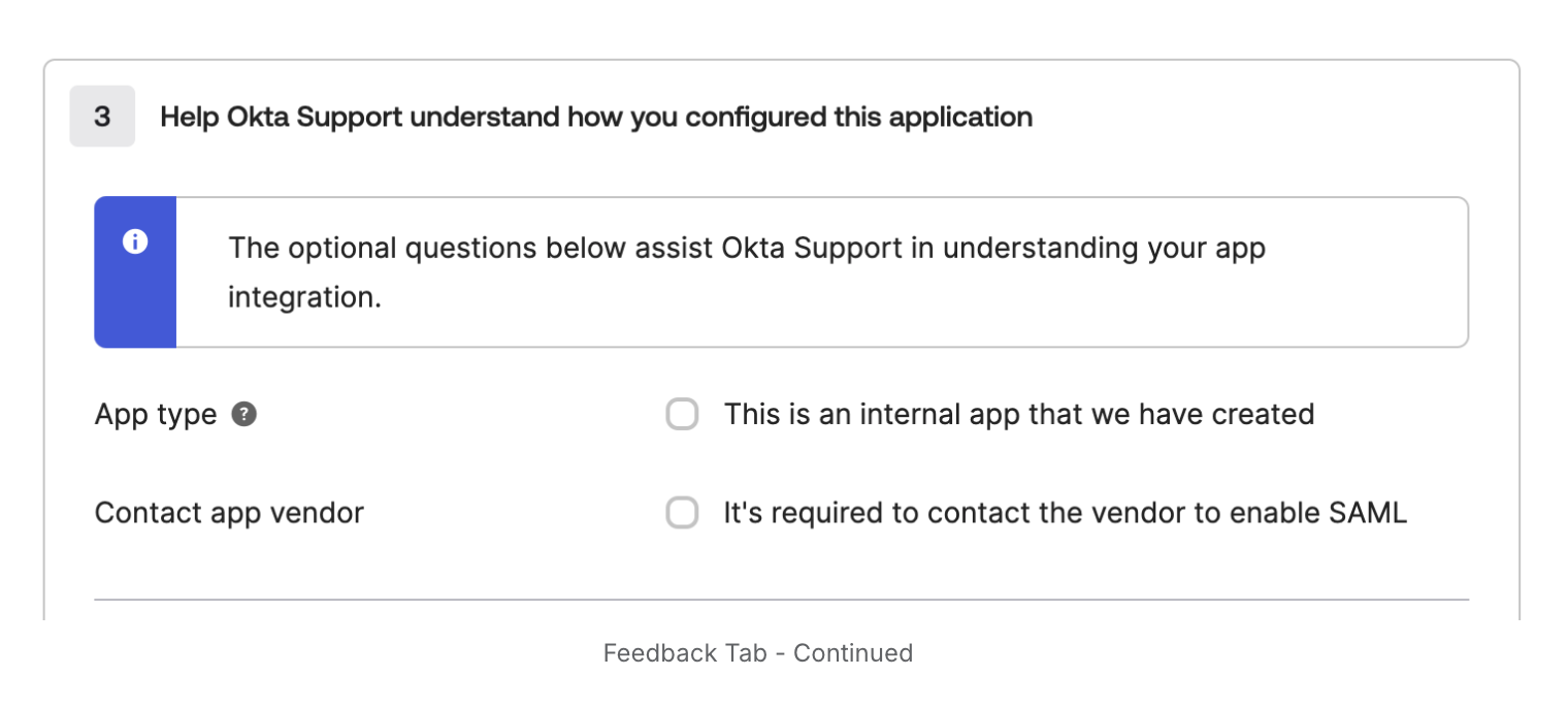 The Feedback tab in Okta — the App type and Contact app vendor checkboxes left unchecked.