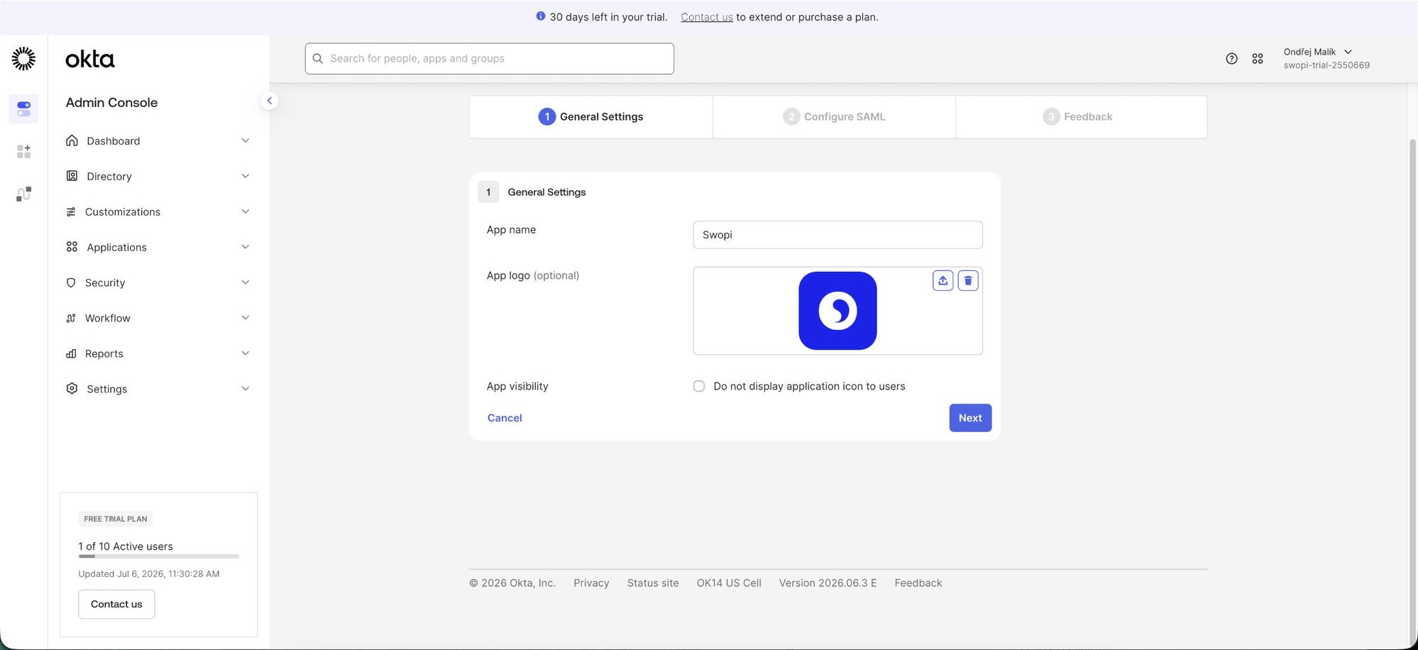 General Settings in Okta — App name set to Swopi, with a logo.