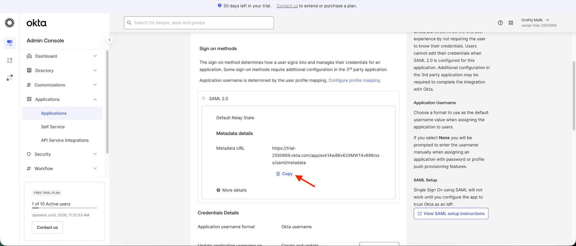 The Sign On tab in Okta — the Metadata URL with a Copy button.